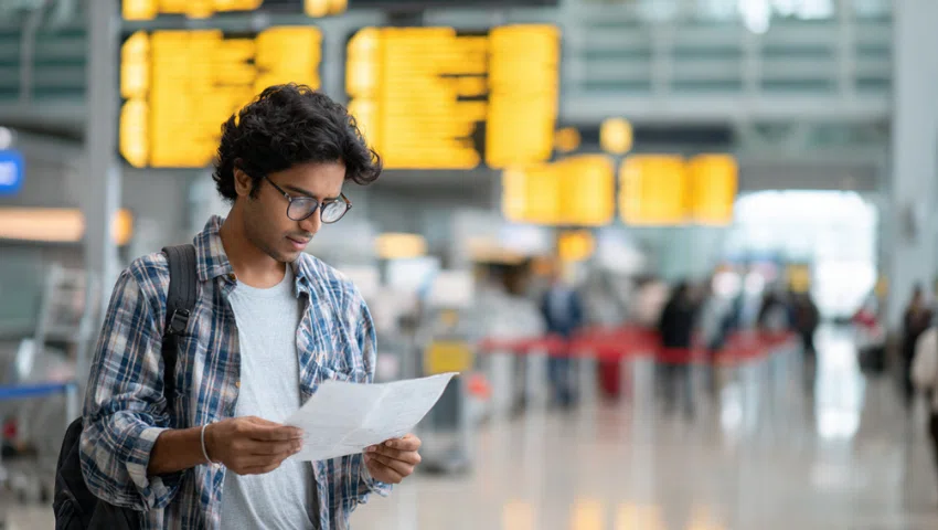 Student checking documents at airport